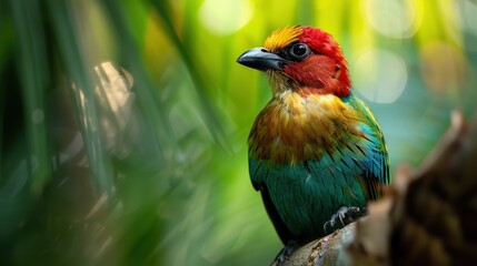 A beautiful multicolored bird with red, yellow, and green feathers perches gracefully among the lush, vibrant greenery of a dense forest, capturing natural beauty.