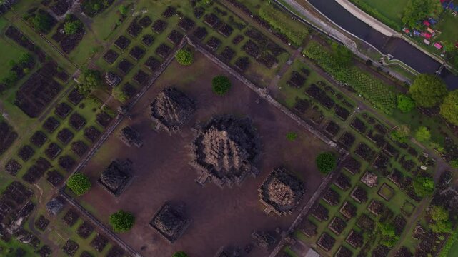 Aerial view of ancient Hindu temple complex at sunrise, Prambanan, Java, Indonesia.