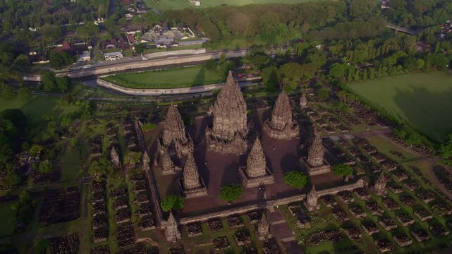 Aerial view of ancient Hindu temple complex at sunrise, Yogyakarta, Indonesia.