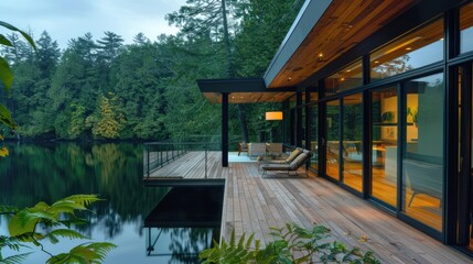 Fototapeta premium A modern lakeside retreat with large glass walls, a wooden deck, and a serene view of the calm lake surrounded by dense forest