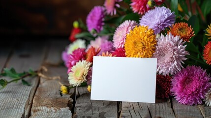 Aster flowers in various colors with a white greeting card on a wooden table with a dark background Fall floral postcard display