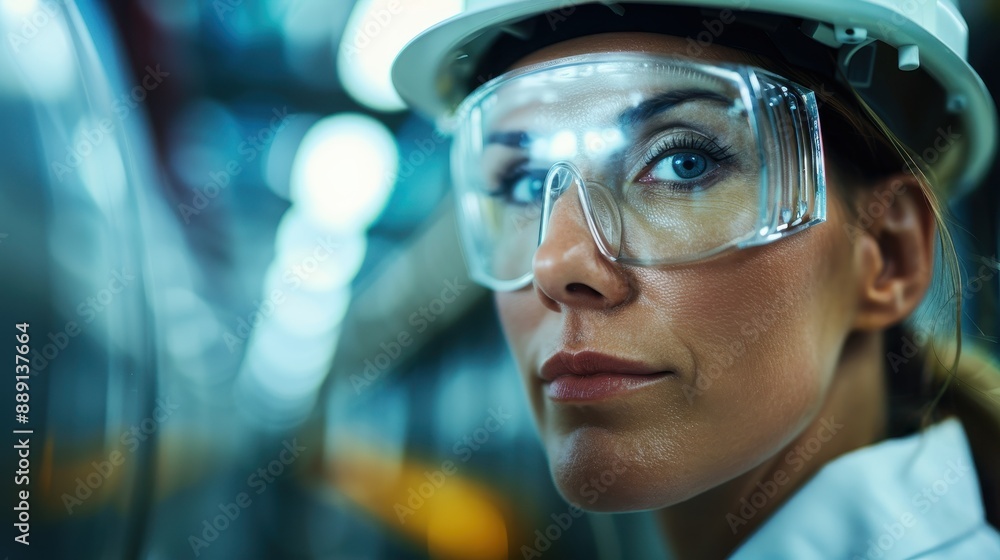 Poster an engineer wearing a helmet is seen in sharp focus, intently concentrating on their task within an 
