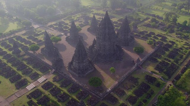 Aerial view of Prambanan Hindu temple complex at sunrise, Yogyakarta, Indonesia.