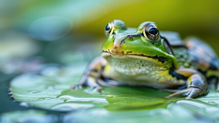 Obraz premium A close-up image of a frog sitting on a lily pad in a serene pond, capturing its details and the minimalistic beauty of the aquatic surroundings, evoking peace and tranquility.
