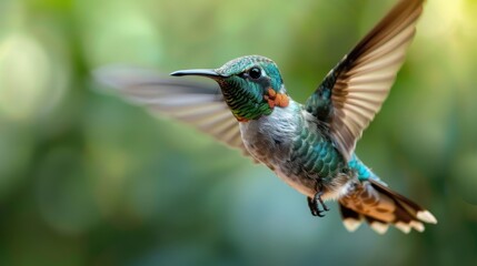 Fototapeta premium Capturing the iridescent green and orange feathers, this photograph shows a hummingbird in mid-flight. The blurred motion and precise details highlight the bird’s agility and beauty.