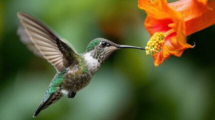 Fototapeta premium A beautiful close-up photograph of a hummingbird in flight, drinking nectar from a vibrant orange trumpet flower, exemplifying the wonders of wildlife and nature.