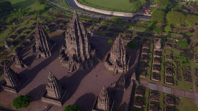 Aerial view of Prambanan Hindu temple complex at sunrise, Yogyakarta, Indonesia.