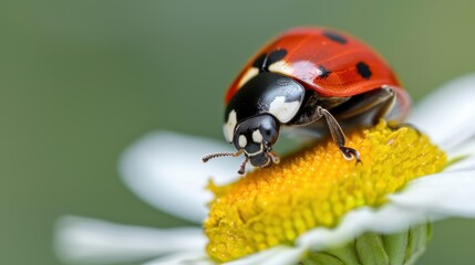 Fototapeta premium A striking image of a ladybug perched atop a flower, its delicate features illuminated against a colorful, vibrant nature scene, highlighting the juxtaposition of red and yellow.