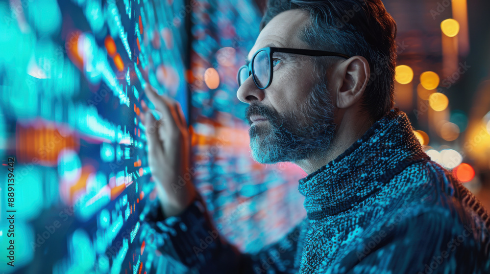 Poster focused man wearing glasses, closely analyzing digital data on a large screen, representing technolo
