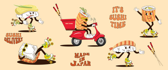 A set of elements for sushi. A set of different sushi, rolls in the form of fashionable characters. Sushi philadelphia, tamago roll, ebi. Cartoon characters