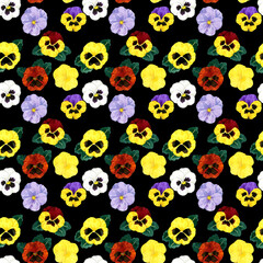 カラフルなパンジーのシームレスパターン　手描き水彩イラスト