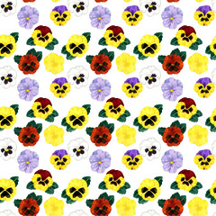 カラフルなパンジーのシームレスパターン　手描き水彩イラスト