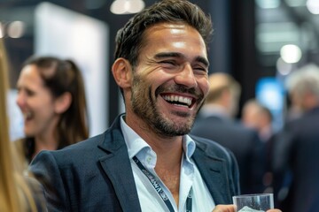 Happy Businessman Holding Drink Cup and Smiling at Networking Event in Conference Center. Sharing Startup Ideas and Discussing Innovations at Business Meeting. AI-Generated, High-Quality 4K Wallpaper
