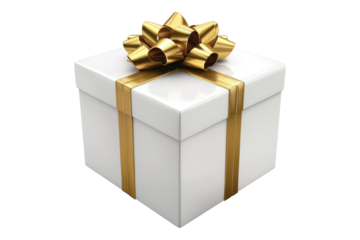 White gift box with golden ribbon isolated on transparent background