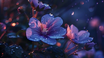 Enchanting Nighttime Flowers with Dew Drops and Bokeh Lights in a Dreamy Garden Setting