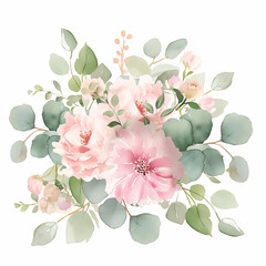 Pink flowers and eucalyptus greenery bouquet