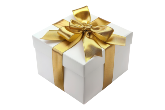 White gift box with golden ribbon isolated on transparent background