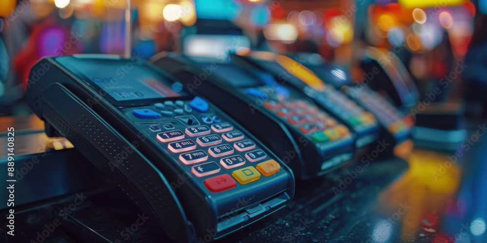 Aufkleber a close-up view of a row of colorful payment terminals lined up on a counter in a brightly lit envir