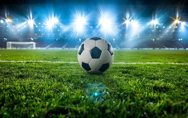 Fototapeta premium Spotlights illuminating the soccer stadium and the ball in the center