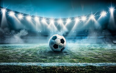 Spotlights illuminating the soccer stadium and the ball in the center