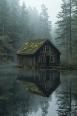 Obraz premium Rustic Cabin in Misty Forest by Tranquil Lake with Reflections and Moss-Covered Roof