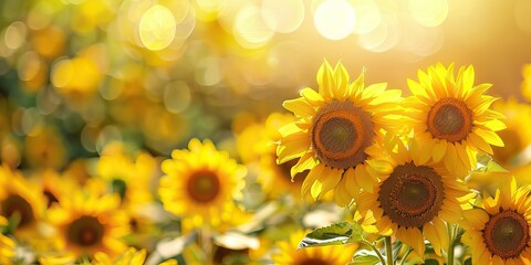 Obraz premium Close up sunflowers field with beautiful sunlight and bokeh background with copy space