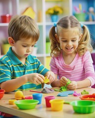 Naklejka premium Two children are playing with clay in a room