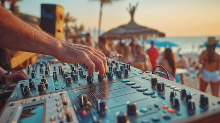Obraz premium DJ mixing at beach party with crowd in background