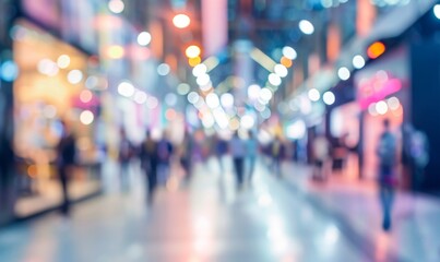 Blurred Trade Show Event with Crowds at Exhibition Booths in Convention Center. Business Conference, Job Fair, and Tech Expo with International Business Meetings and Marketing Displays. AI-Generated, 