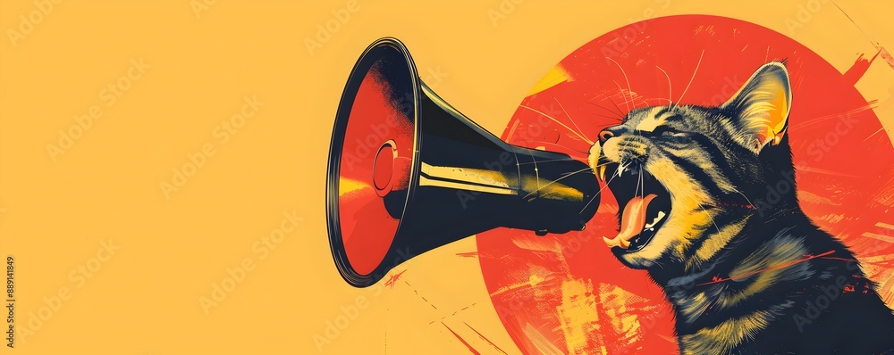 Poster a cat barking into megaphone, yellow and red color scheme, minimalistic background with circle shape