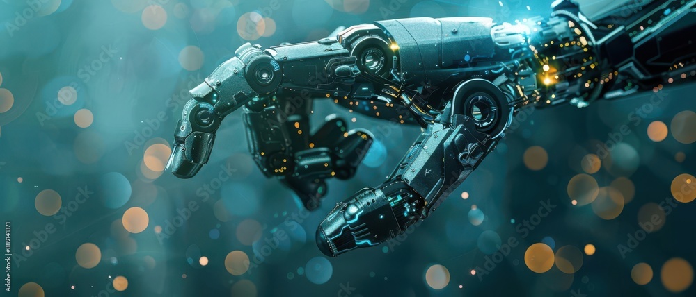 Poster futuristic robotic hand reaching out, surrounded by a bokeh effect symbolizing technology and artifi