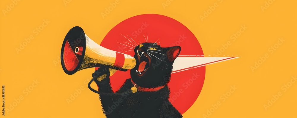 Poster a cat barking into megaphone, yellow and red color scheme, minimalistic background with circle shape