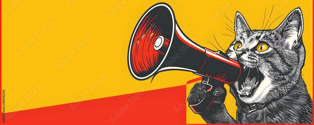 Poster a cat barking into megaphone, yellow and red color scheme, minimalistic background with circle shape