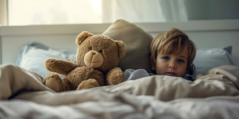The child with a teddy bear lying in a cozy bed, sunlight streaming through the window, childhood, comfort concept