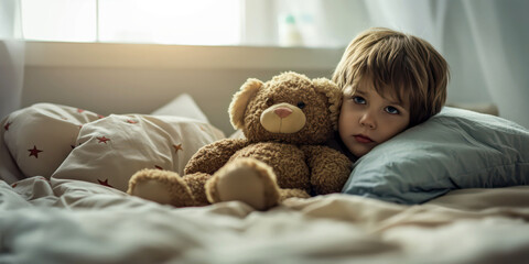 Sad child with teddy bear sitting in bed, cozy bedroom, stuffed animal companion, sad feeling concept