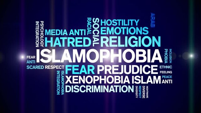 islamophobia animated word cloud;text design animation tag kinetic typography seamless loop.