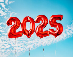 red number-shaped balloons forming the number 2025