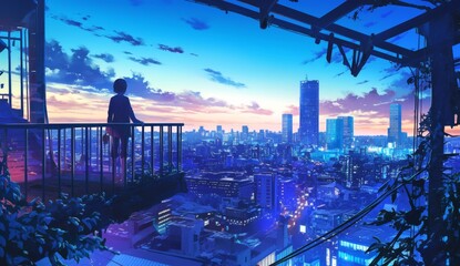 Cityscape night view on a rooftop, with lights on buildings and illuminated surroundings, anime art, created with AI