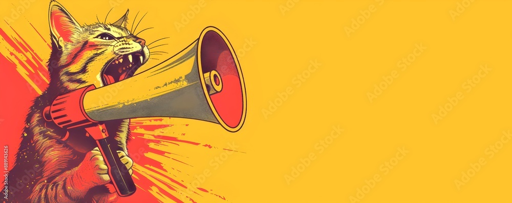 Poster a yellow and red banner with a cat's head sticking out of the left side, screaming into an old-fashi