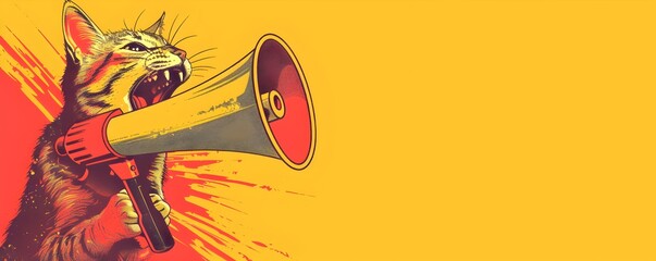 A yellow and red banner with a cat's head sticking out of the left side, screaming into an old-fashioned megaphone in front of it. The background is flat color, and there should be no text or other el