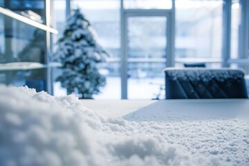 snow inside an office, desk and table are covered by snow, extremely cold, imagination, empty with nobody 