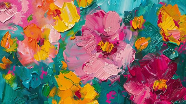 Abstract painting composed of brush strokes and a thick layer of oil paint, impasto floral texture creating an attractive design.