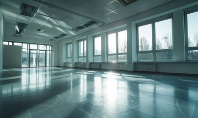 Modern Empty Office Open Space Interior. Business Meeting and Corporate Environment in a Spacious Office Setting. AI-Generated, High-Quality 4K Wallpaper.