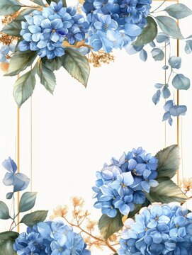 An illustrated invitation with blue hydrangea flowers decorated with a delicate frame and empty space for text.