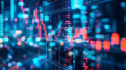 Fototapeta premium Digital background featuring stock market charts and graphs candlestick , red glowing elements, blue tones, blurred lights