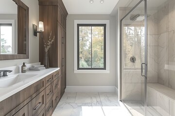 Bathroom with Minimalist Vanity and Modern Shower: A minimalist bathroom mockup featuring a clean vanity and a modern shower.