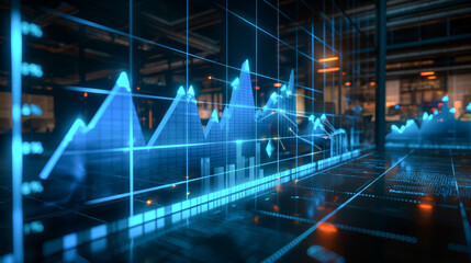 Abstract blue neon diagrams and charts in office space background, technological neon business concept, information and analysis data. Economy and financial growth, digital marketing background