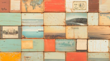 Decorative graphic. A wall collage featuring colorful wooden blocks with old world travel photos and maps showing a sense of adventure