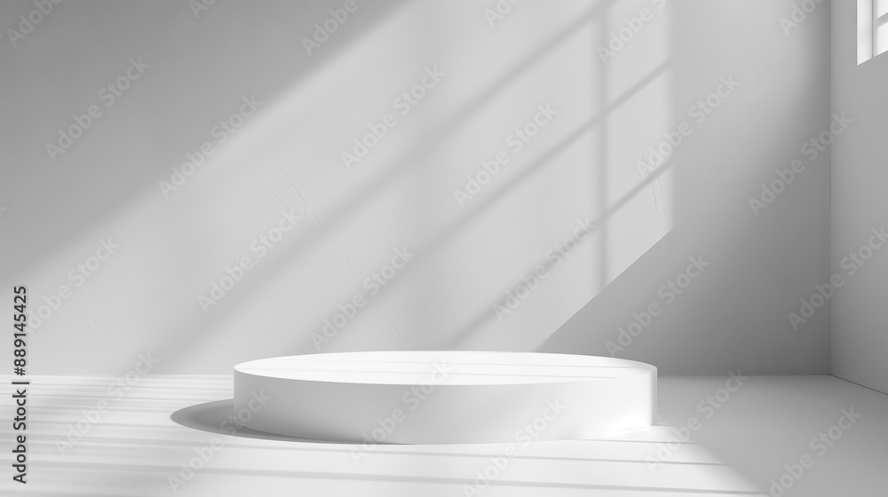 Poster white cylindric empty podium with soft window light in white empty studio room, minimalistic podium stage background with copy space and place for product placement and advertisement