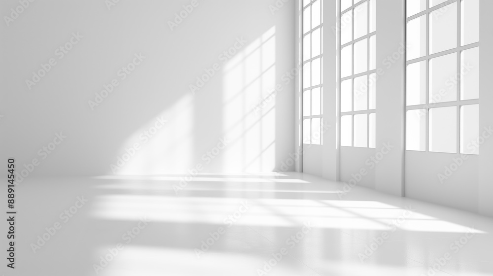 Aufkleber White empty studio room with soft windows sunlight and shadows and big windows. Huge hall room with white walls and floor empty space place